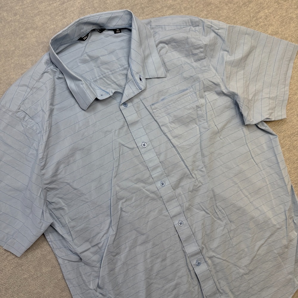 Travis‎ Mathew Shirt Mens 2XL Blue Striped Button Up Lightweight Stretch Travel